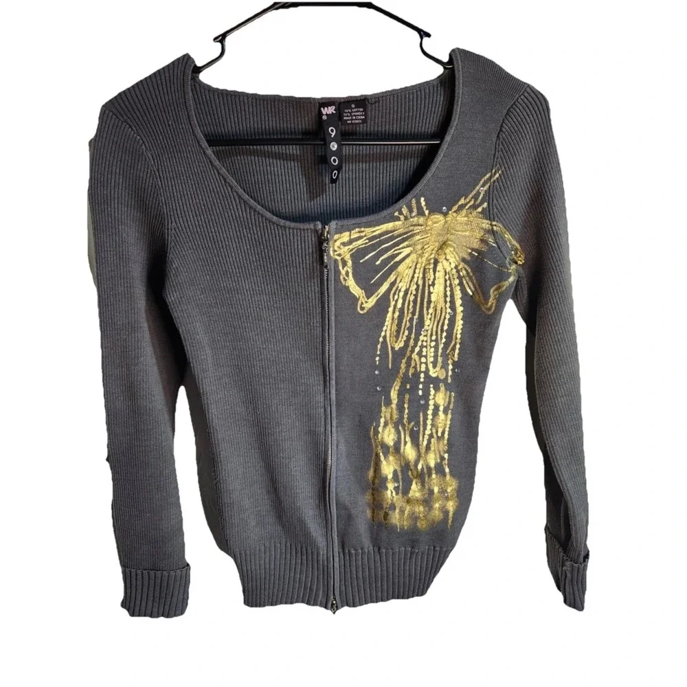 WK 9000 Gray Ribbed Knit Zip Up Cardigan Gold Foil Graphic‎ Rhinestone Small